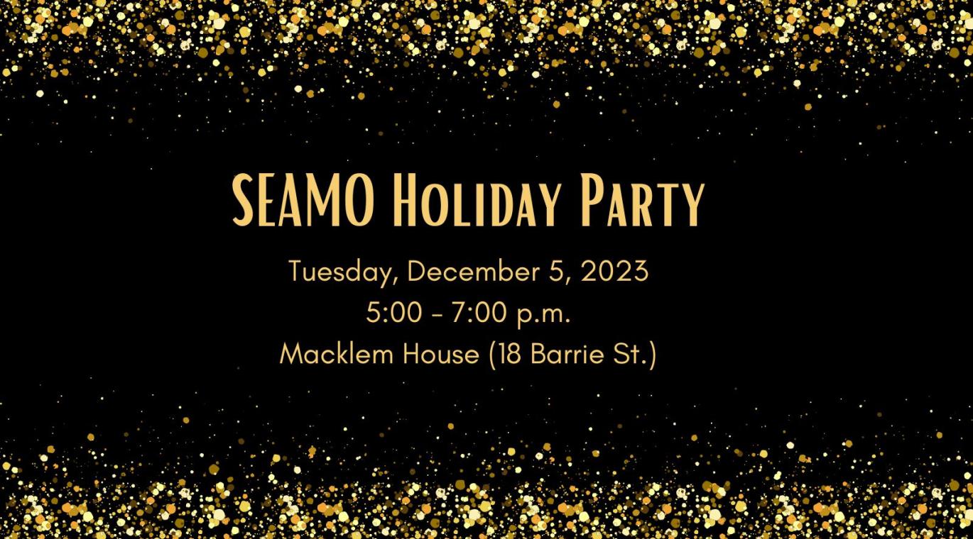 graphic with black background and words "SEAMO Holiday Party"